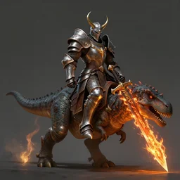 unholy paladin wearing full plate armor with a flaming sword riding a dinosaur, concept fantasy, dnd