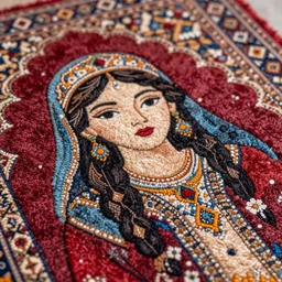 close up shot of an accurate carpeted figurine of a Persian girl, colourful, lots of detail, depth of field, intricate, delicate, by Jonas Jensen, Magnum photos