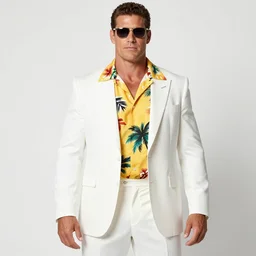 a tall, muscular man, at a party, in a white pinstriped suit, hawaiian shirt underneath, sunglasses, garish, 8 0 s fashion