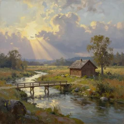 a oil painting of a serene landscape with a singular wooden house, a bridge over river, at sunrise, concept art, octane render, unreal engine 5, trending on deviantart, highly detailed, high quality, oil painting, digital painting, masterpiece, hyperrealistic, breathtaking landscape, soft lighting, godrays, complementary colors, natural lighting