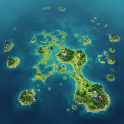 isometric ultra realistic illustration, many tiny islands on vast ocean, mobile 2 d game map, 2 d background, matte painting, hyper detailed photo realism by greg rutkowski, rich contrast of colors, 1 0 0 mega pixels, league of legends artwork