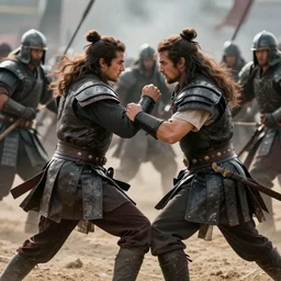 epic cinematic still of two warriors in their twenties with brown hair fighting side by side in battle, glory, surrounded by enemies