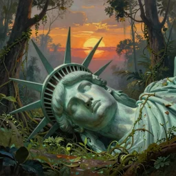 giant cut off statue of libertys head with crown is lying sideways on the ground , reclaimed by the jungle , surrounded by tall vines in oversized misty jungle, dramatic sunset and dramatic sky , very detailed oil painting by frazetta, low angle, postapocalyptic panorama.asthetics !
