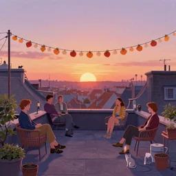 people chilling on the rooftop terrace, beautiful view, sunset, garland, cat. digital drawing by wes anderson, jean pierre jeunet, tim burton. hyper detailed.