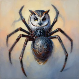 painting of hybrid between spider!!!! & owl, intercrossed animal, mixture animal, by zdzislaw beksinski, by tiffany bozic, by chris buzelli, cold hue's, warm tone gradient background, concept art, beautiful composition, digital painting