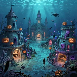 a horror based underwater suburb based on an underwater amusement park that incorporates halloween and ocean elements in its design imagery, halloween decorations, atlantis, amusement park, spooky, amusement park attractions, deep sea, horror themed, fun, in the style of stephen silver and genndy tartakovsky