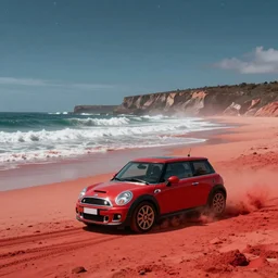 mini cooper s, australian beach, red sand, otherworldly science fiction surrealism landscapes. waves. dust. stars. by chris mars.