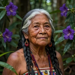 a beautiful portrait of a loving and noble indigenous old woman with white hair in the amazon jungle surrounded by purple flowers of brunfelsia grandiflora, matte painting, by christophe vacher