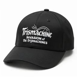fashion photo of one baseball cap, band merchandise, bandname is tripmachine, tourname is invasion of the tripmachines, realistic digital art, printed with a 3 d render of a huge futuristic steampunk generator, 8 k, fluorescent colors, halluzinogenic, multicolored, exaggerated detailed, unreal engine