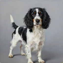 painting of black and white tri - color english springer spaniel, portrait, stunning