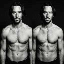 keanu reeves but it's a symmetrical photo shot in black and white and he is gigachad, he is shirtless and very muscular