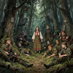 ukrainian spirits from the past and magical forest creatures are hunting the russian occupants deep in the forest. dead russian soldiers, sharp focus, highly detailed, by goro fujita ilustration artstation