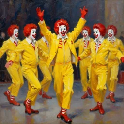 highly detailed painting of a group of ronald mcdonalds with red afros, white facepaint, red noses and yellow tracksuits dancing at the ballet by william turner, by greg rutkowski, by william constable, thick brush strokes and visible paint layers, 4 k resolution