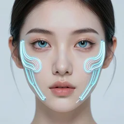 very beautiful woman, bionic pupils, full face frontal centered, portrait, detailed intricate symmetrical ornate neon cables connected to face, clear lips, luxurious long hair, sophisticated futuristic neon fractal wiring and implants, translucent, chrome, porcelain, fractal, sci fi, dramatic lighting, photography, highly detailed, artstation, deviantart, 8 k, by chie yoshii