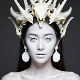 absurdly beautiful young thai woman with symmetrical white makeup, wearing an intricate headdress made from bones and leather, wearing large earrings made from white bones, hyperdetailed illustration by irakli nadar and alexandre ferra, intricate linework, in the style of a national geographic portrait, unreal engine 5 highly rendered, global illumination, radiant light, detailed and intricate environment