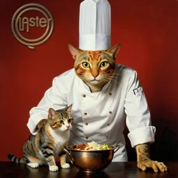 anthropomorphic cats chef competing at the Masterchef TV show, by Salvador Dali