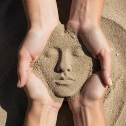 a pair of hands holding a face made of sand