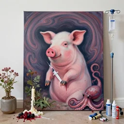 “ a portrait in a female art student ’ s apartment, swirl patterns, sensual, a pig theme, syringe, anaesthetic, art supplies, surgical iv drip, octopus, ikebana, herbs, a candle dripping white wax, squashed berries, berry juice drips, acrylic and spray paint and oilstick on canvas, surrealism, neoexpressionism ”
