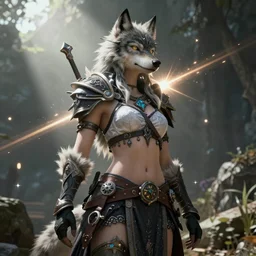 A screenshot from The Elder Scrolls: Skyrim featuring an anime wolf girl, unreal engine, ray tracing, god rays, DAZ, 4K, UHD, octane render, cinematic, volumetric lightning, game engine
