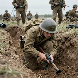 dslr color photo of an us / american soldier digging a trench during 1 9 1 8