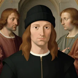 a man with long hair wearing a beanie, a renaissance painting by Michelangelo, polycount, superflat, renaissance painting, colorized, booru