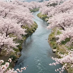 detailed concept art of a beautiful winding river during spring with cherry blossom trees, artstation, award - winning realistic concept art by jim burns and greg rutkowski, beksinski, a concept art masterpiece, red color palette, james gilleard, bruegel, alphonse mucha, and yoshitaka amano.