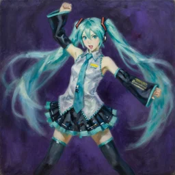 oil painting portrait of hatsune miku swinging and moving violently to the foreground of the painting, by oskar kokoschka, dynamic movement, deep purple and black background, chiaroscuro, automatism, tachisme, violence, heavy impasto technique, painterly, dynamism, iridescence, iridescent gradient desaturated gaussian blur palette knife