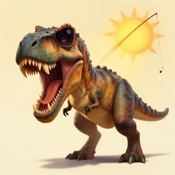 trex!!!, saber tooth tiger tooth on head, sun in background with sunglasses, sun has fishing pole, d & d, fantasy, digital painting, artstation, octane render, concept art, matte, sharp focus, illustration, hearthstone, art by artgerm, alphonse mucha johannes voss