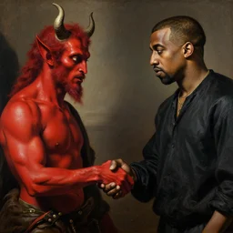 a caravaggio painting of a red devil with horns giving a handshake to kanye west, ultra detailed, realistic