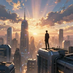 man standing on the top of building overseeing the city skyline of a futuristic solarpunk city