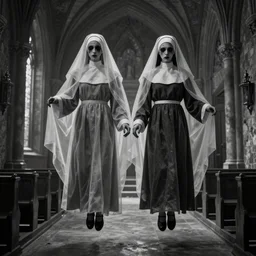 nightmare vision, black and white, award winning photo, levitating twin nuns, wearing translucent sheet, in a sanctuary, hallways, eerie, frightening —width 1024 —height 1024