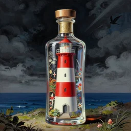 a red and white lighthouse inside a clear bottle, very fancy whiskey bottle, intricate concept painting by ayami kojima, daytoner, greg tocchini, james jean, yoshitaka amano