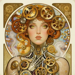 A close-up portrait of a beautiful female android by Alphonse Mucha, exposed inner gears, bright soulful eyes, steampunk, gears, steam, art nouveau card, concept art, wlop, trending on artstation
