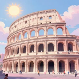 heaven pink, lots of roman arches, bright punk, punk rock, people with mohawks, sun, joy, clouds, sky, volumetric light, detailed, romanticism, pastel drawing, big size