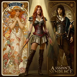 paintings of cinematic stills from the xena warrior princess and assassin's creed syndicate crossover, gothic and victorian and roman architecture, intricate jewelry, vests, corsets, kneehigh boots, ornate, filigree, bloom, rim lighting, cinematic lighting, god rays, by mucha, by bouguereau, artstation, cgsociety, rendered in octane.