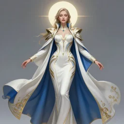 detailed beautiful noun in opened white blue gold coat, seductive confident pose, attractive feminine curves, intricate details, futuristic, elegant cape, elegant, photorealism, trending on artstation, holy halo, advanced technology, art by moebius and vitaly bulgarov and chanthara