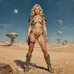 A mixed media portrait painting of a beautiful blonde woman posing on a desert alien planet, soldier, curvy, atomic-space-age style armored bikini and boots, aesthetic symmetrical face and eyes, slavic, by Boris Vallejo, Beeple, Frank Frazetta, Greg Rutkowski, Christian MacNevin, epic fantasy character art, high fantasy, CGsociety, 60's Sci-fi Pinup style, exquisite detail, post-processing, masterpiece, cinematic, crysis