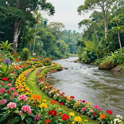 ( ( ( gediminas pranckevicius ) ) ) flower garden, river flow through borneo jungle, summer morning, very coherent and colorful high contrast art by james gilleard floralpunk screen printing woodblock, dark shadows, pastel color, hard lighting
