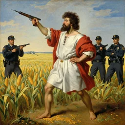 francisco goya painting of goya baked beans blood of the patriot nourishing the corn syrup field of liberty, holding a nailgun fbi agents in the background