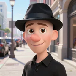 pixar sci - fi movie still close - up portrait photo of bald white young man wearing a black shirt, black ray - bans, and a black fedora, large nose : : on sidewalk in sf, smiling, facing the camera : : by greg rutkowski, wlop, rossdraws, artgerm, weta, marvel, unreal engine, bright morning, anime, gq magazine cover, : :