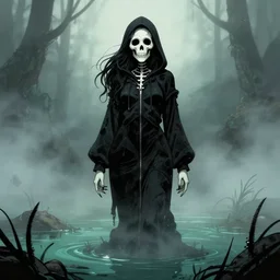 a beautiful comic book illustration of the goddess of death wearing a black hoodie, standing in a swamp with fog by Jerome Opeña, featured on artstation