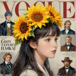 sunflower tiara, korean audrey hepburn, final fantasy mage, vogue magazine, greg rutkowski, john singer sargent, trending on artstation, anime, oil painting, side profile portrait, looking right, intricate