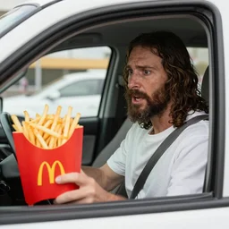 Jesus arguing at McDonald's drive thru window over the size of his fries