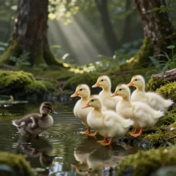 on the right a group of white ducklings, on the left a small black duckling, in a pond surrounded by nature, moss, trees, rays of light, reflections, highly detailed, cinematic lighting, perfect composition, 4 k, gustave dore, derek zabrocki, greg rutkowski, belsinski, octane render