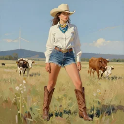 a painting of a cowgirl wearing western clothing and cowboy boots, in the style of eileen agar, digital art