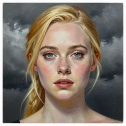 professional painting of Elle Fanning in the style of Mike Deodato, head and shoulders portrait, symmetrical facial features, smooth, sharp focus, illustration, intricate, stormy weather, extremely detailed masterpiece,