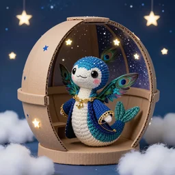 a finely knit bipedal chibi starry night eel snake mermaid plush doll, hummingbird hair, wearing peacock feather mage robes with gold accent jewelry, inside a handcrafted cardboard observatory to look at the hand painted night sky full of glittery star stickers and glow in the dark star stickers, adorable, charming, macro camera lens, well lit, cinematic, real life, led lights, cotton clouds