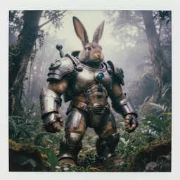 by military archive!! full shot!!!!! big chest!! rabbit armored sci - fi hulked oversized rabbit barbarian, fog, in deep jungle forest jungle, overcast!!! cinematic focus, polaroid photo, vintage, neutral colors, soft lights, overcast, foggy, full shot by steve hanks, by serov valentin, by lisa yuskavage, by andrei tarkovsky