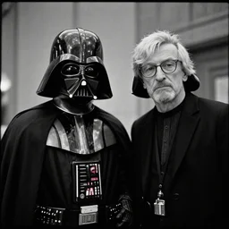 darth vader stephen hawking, without a mask, award - winning documentary photograph, cinestill 8 0 0 t 3 5 mm b & w, heavy grain, high quality, noir, natural textures, photorealistic, ambient occlusion, hd, ultra wide lens, anamorphic