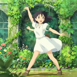 anime visual of woman outside in a grand garden with lush overgrowth, ivy, foliage, flowers, cute face by ilya kuvshinov, makoto shinkai, kyoani, masakazu katsura, dynamic pose, crisp and sharp, yoshinari yoh, rounded eyes, anime poster, cel shaded